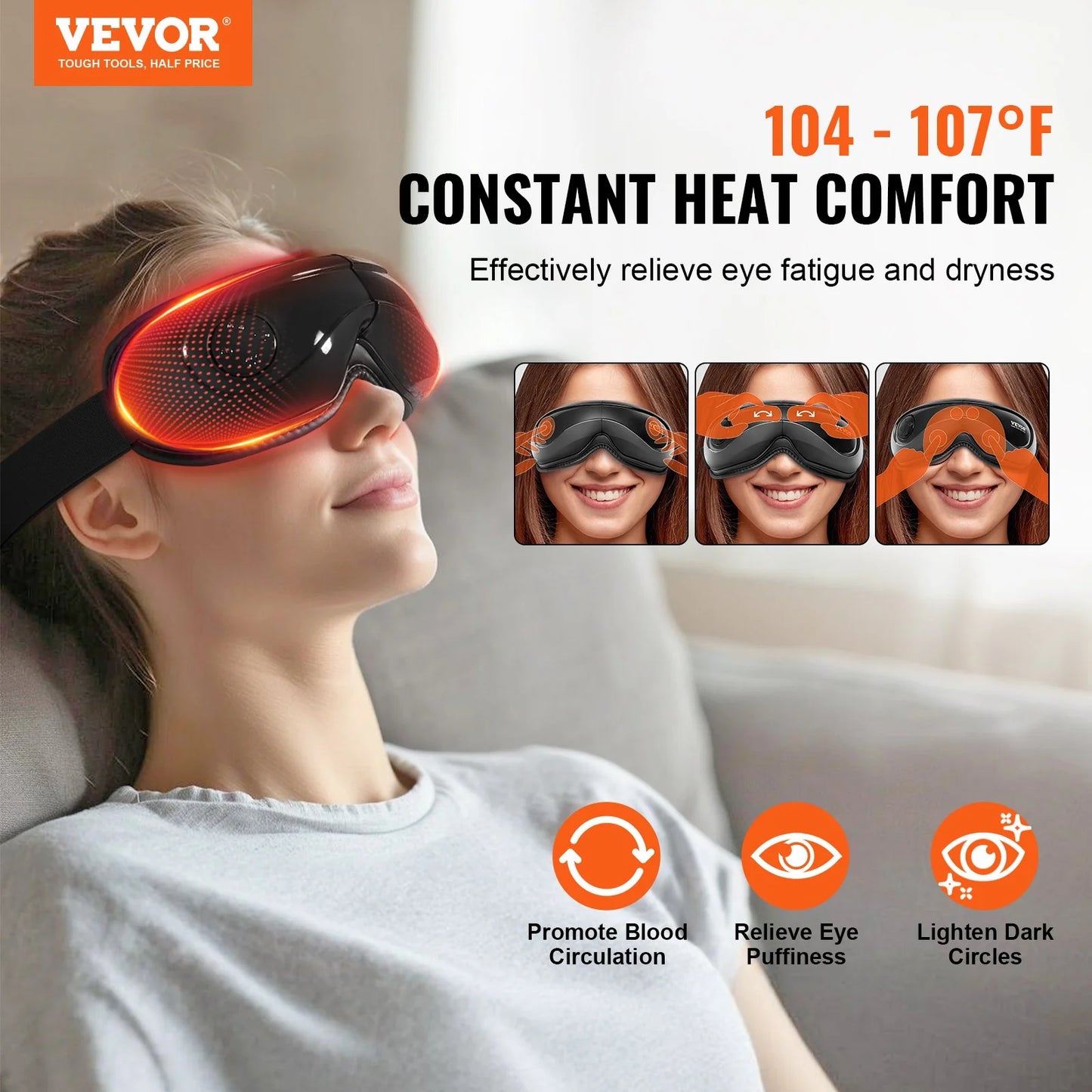 VEVOR Heated Eye Massager Eye Care Device 5 Modes Bluetooth Music 180¡Ã Foldable