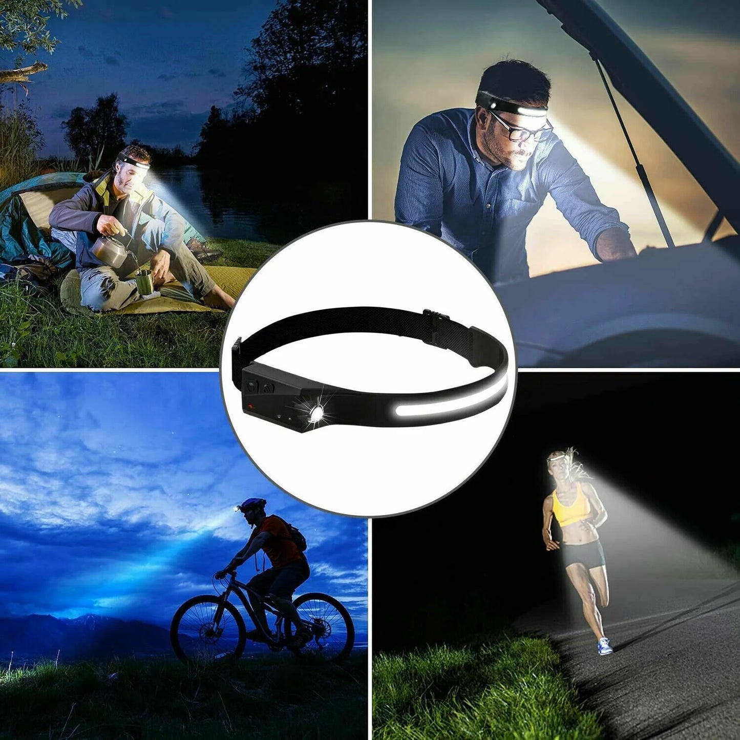 COB LED Rechargeable Headlamp - USB Headlight Torch and Work Light with Adjustable Headband