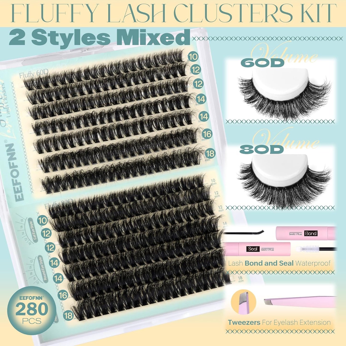 Fluffy Lash Clusters Kit Thick Eyelash Clusters Kit 60D+80D Individual Lashes D Curl Eyelash Extension Kit 10-18Mm Cluster Eyelash Extensions Kit 280Pcs Cluster Lashes DIY Lash Extension Kit