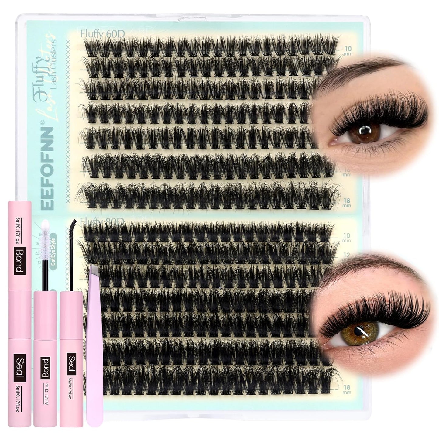 Fluffy Lash Clusters Kit Thick Eyelash Clusters Kit 60D+80D Individual Lashes D Curl Eyelash Extension Kit 10-18Mm Cluster Eyelash Extensions Kit 280Pcs Cluster Lashes DIY Lash Extension Kit