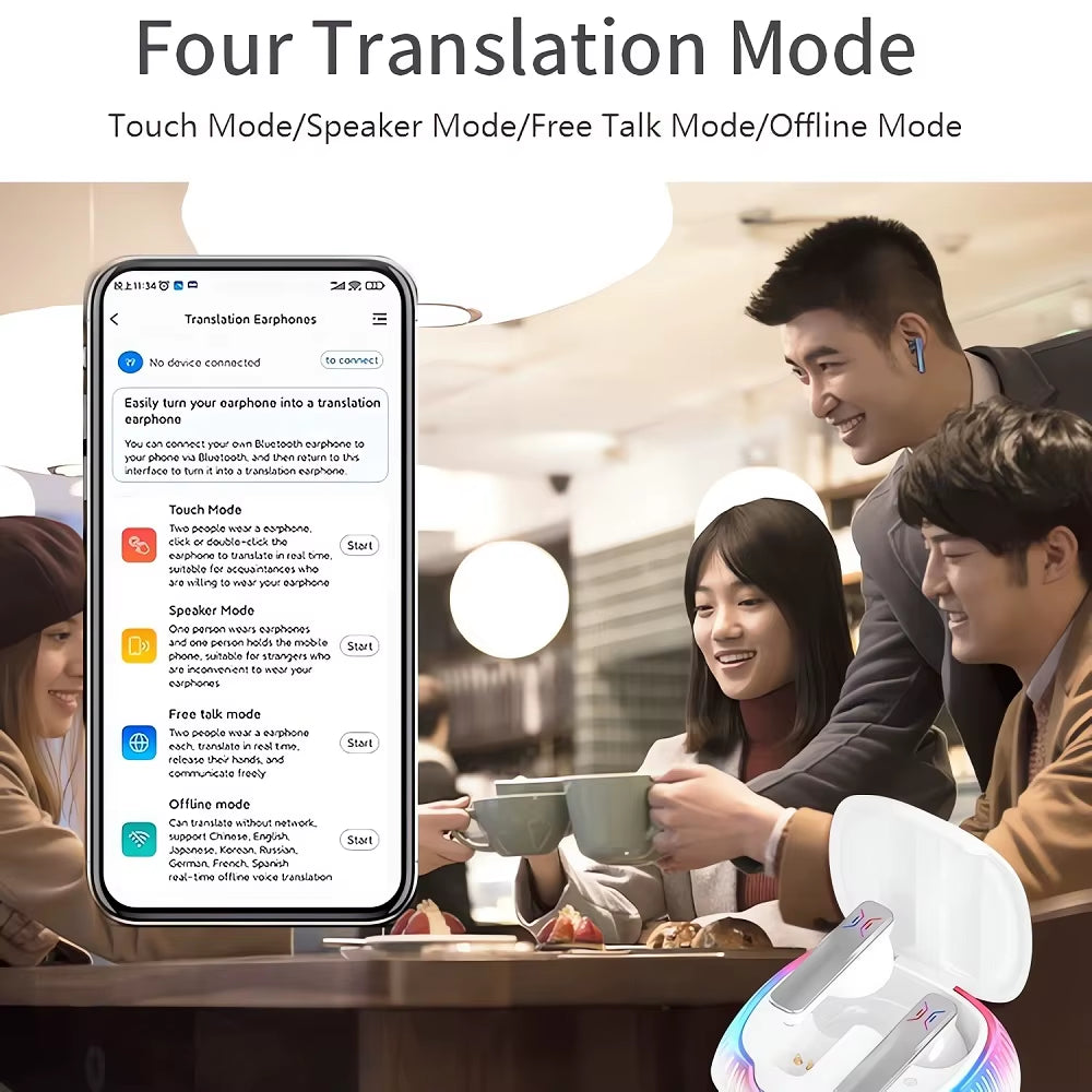 2023 New 144 Languages AI Voice Translator Earbuds Real Time Offline Bluetooth-Compatible 4 Translation Mode for Travel Talking