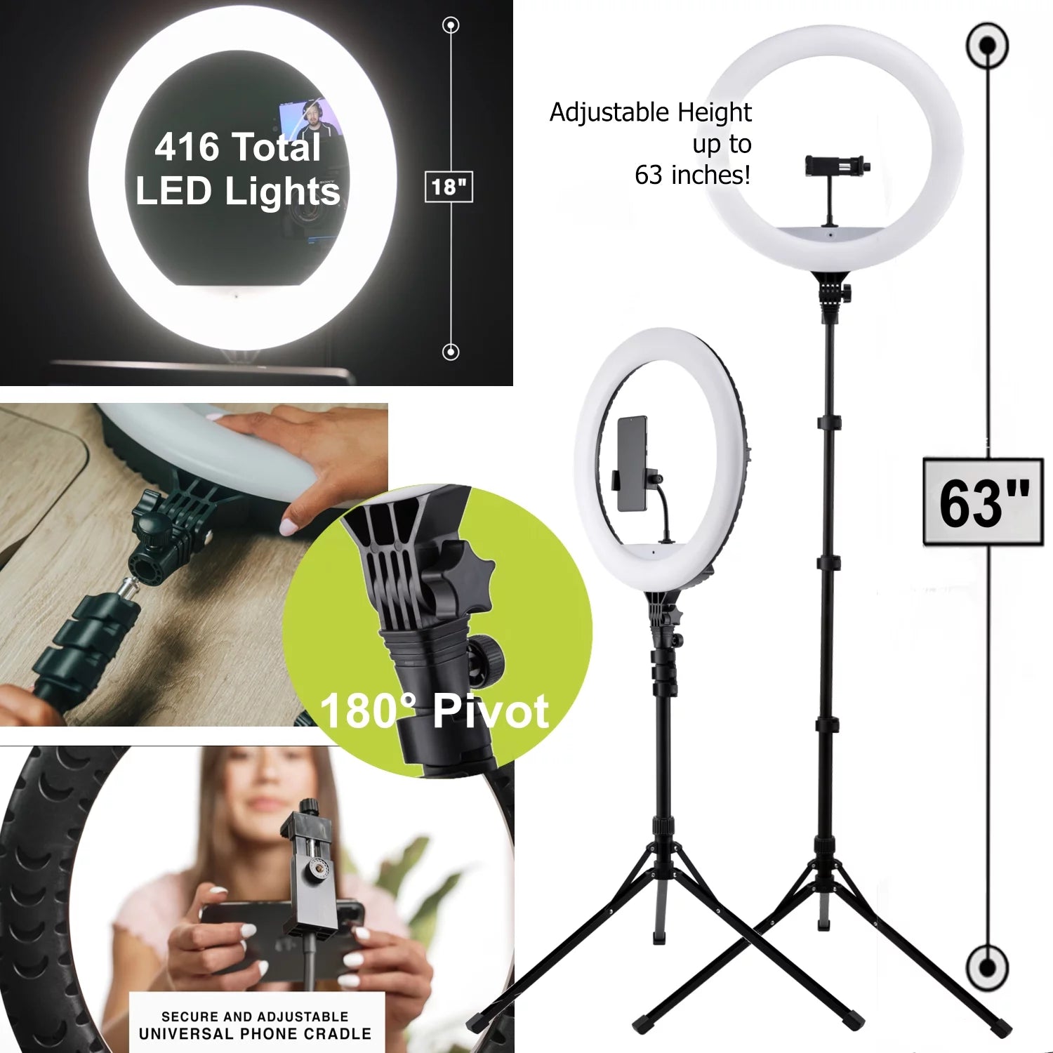 18-Inch LED Ring Light, Adjustable 63-Inch Tripod Stand, with Phone Stand and Wireless Remote for Selfies